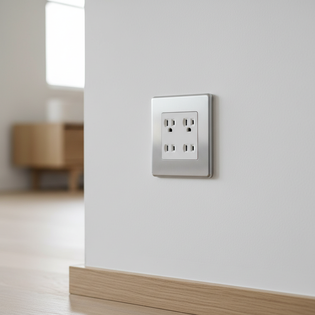 A close-up of a pristine white wall outlet with a brushed aluminum cover plate, perfectly aligned against a freshly painted wall in a contemporary apartment interior. The outlet is surrounded by smooth, unblemished surfaces and a light oak baseboard running along the bottom edge of the frame. Soft, diffused daylight filters in from an unseen window, casting a gentle, natural glow and barely-there shadows that emphasize the outlet’s flawless installation. Shot at a slight side angle with shallow depth of field, the outlet remains in crisp focus while the background fades into a subtle blur, suggesting a modern, well-maintained living space. The photographic style is clean and minimalist, reflecting professional, high-quality electrical finishing work.