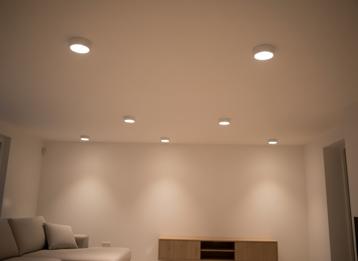 A section of a newly renovated living room ceiling showcasing recessed LED downlights installed in a flawless, matte white surface. The lights emit a warm, even glow, illuminating a portion of the room below where a sleek, neutral-toned sofa and a low media cabinet are subtly visible, slightly out of focus. The scene is captured from a low angle, looking upward toward the ceiling, emphasizing the precision of the cutouts and the trim’s clean edges. The ambient evening lighting creates a calm, inviting atmosphere, with gentle gradients of light and shadow across the ceiling. The photographic style is contemporary and realistic, highlighting the quality and professionalism of modern lighting installation and electrical renovation work.