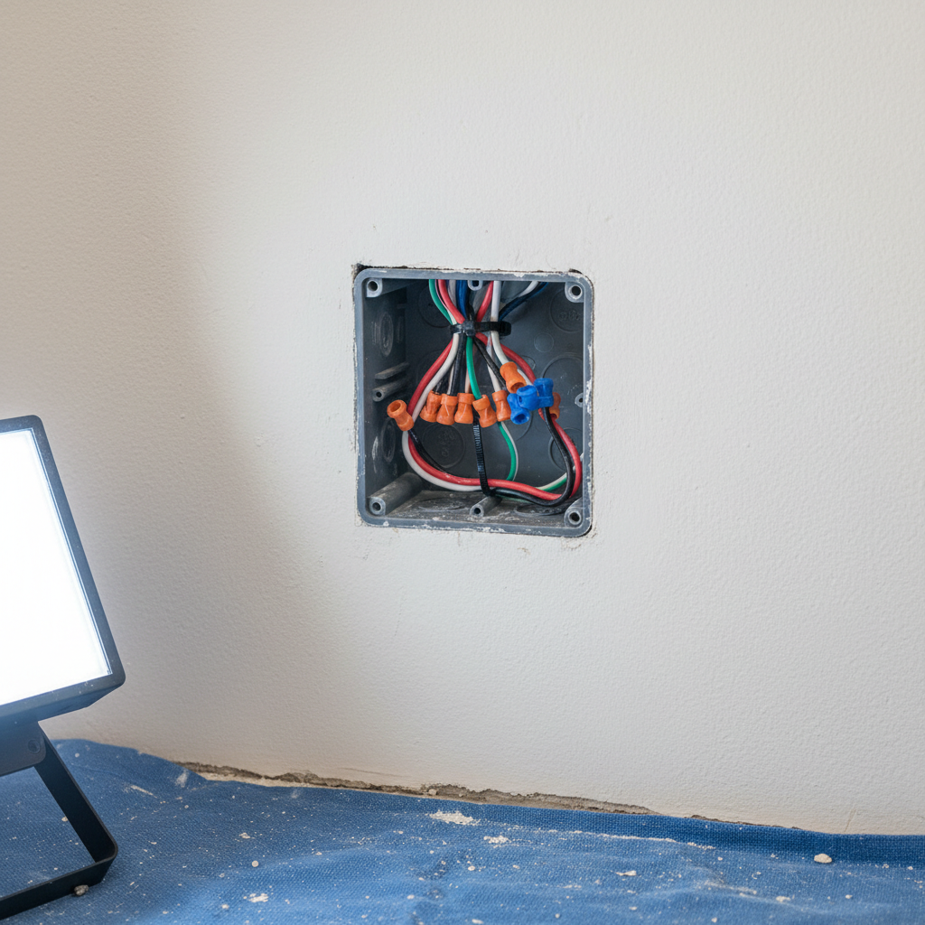 A detailed close-up of a junction box installation during an electrical renovation, showing a square, gray plastic box neatly recessed into a partially finished plaster wall. Inside, multiple color-coded copper wires are expertly connected with insulated screw terminals and tidy cable ties, with their sheathing cleanly stripped to uniform lengths. The surrounding plaster is smooth, with minimal dust on a protective floor covering below. Neutral workshop lighting from a portable LED work lamp casts soft, controlled shadows that enhance the clarity of each connection. Captured at eye level with high-resolution photographic realism and a moderate depth of field, the composition feels technical yet orderly, conveying precision, safety, and professionalism in electrical fault repair and remodeling work.