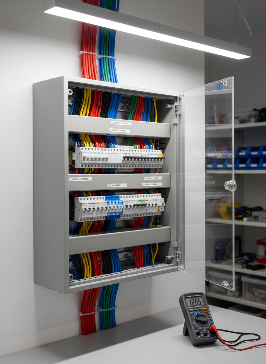 A meticulously organized electrical service panel with neatly routed, color-coded cables entering a modern gray metal distribution board mounted on a clean white wall. Circuit breakers are clearly labeled with crisp, legible stickers, and a digital multimeter rests on a nearby light gray workbench. Cool, even workshop lighting from overhead LED fixtures creates minimal shadows and emphasizes the orderliness of the installation. Captured at eye level with sharp focus and a slight three-quarter angle, the composition feels professional and trustworthy. The background is softly blurred, hinting at tidy shelves with tools and spare components. The photographic realism and clean, modern aesthetic convey reliability and precision for a professional electrical repair business.
