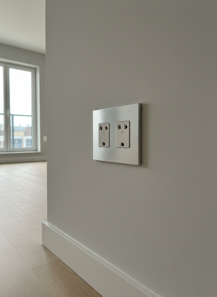 A close-up of a pristine white wall outlet with a brushed aluminum cover plate, perfectly aligned against a freshly painted wall in a contemporary apartment interior. The outlet is surrounded by smooth, unblemished surfaces and a light oak baseboard running along the bottom edge of the frame. Soft, diffused daylight filters in from an unseen window, casting a gentle, natural glow and barely-there shadows that emphasize the outlet’s flawless installation. Shot at a slight side angle with shallow depth of field, the outlet remains in crisp focus while the background fades into a subtle blur, suggesting a modern, well-maintained living space. The photographic style is clean and minimalist, reflecting professional, high-quality electrical finishing work.
