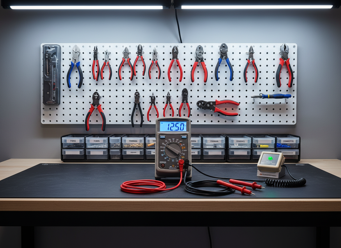 A modern electrical diagnostic setup on a sturdy, dark rubber-topped workbench, featuring a high-end digital multimeter with a bright backlit screen, insulated red and black probes, neatly coiled test leads, and a compact circuit tester. The bench is set against a smooth, light gray wall with a tidy pegboard holding organized hand tools and labeled storage bins. Cool white overhead LED lighting provides even illumination, highlighting the clean textures of plastic, rubber, and brushed metal. The camera angle is slightly elevated, capturing the entire workspace in clear detail with a moderate depth of field. The overall photographic realism and orderly composition create a mood of technical competence, efficiency, and reliability, perfectly aligned with professional electrical troubleshooting services.