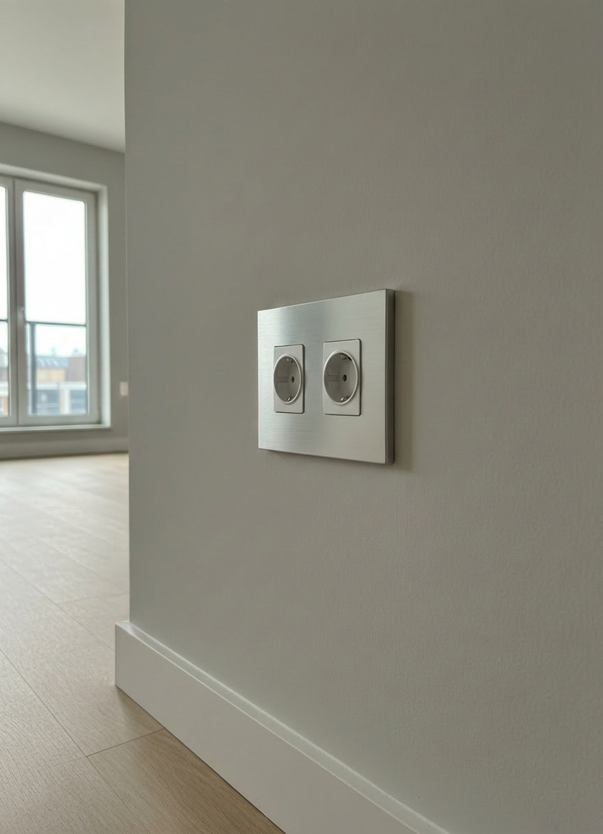 A close-up of a pristine white wall outlet with a brushed aluminum cover plate, perfectly aligned against a freshly painted wall in a contemporary apartment interior. The outlet is surrounded by smooth, unblemished surfaces and a light oak baseboard running along the bottom edge of the frame. Soft, diffused daylight filters in from an unseen window, casting a gentle, natural glow and barely-there shadows that emphasize the outlet’s flawless installation. Shot at a slight side angle with shallow depth of field, the outlet remains in crisp focus while the background fades into a subtle blur, suggesting a modern, well-maintained living space. The photographic style is clean and minimalist, reflecting professional, high-quality electrical finishing work.