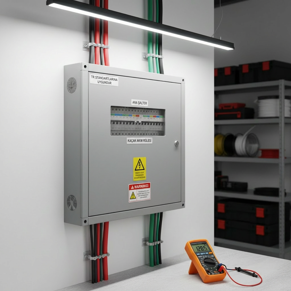 Electrical panel with labels 'TR STANDARTLARINA UYGUNDUR', 'ANA ŞALTER', 'KAÇAK AKIM RÖLESİ', and warning signs.