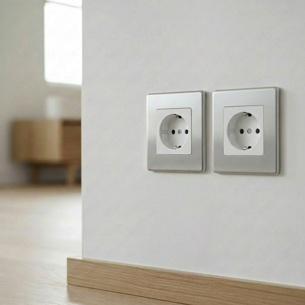 A close-up of a pristine white wall outlet with a brushed aluminum cover plate, perfectly aligned against a freshly painted wall in a contemporary apartment interior. The outlet is surrounded by smooth, unblemished surfaces and a light oak baseboard running along the bottom edge of the frame. Soft, diffused daylight filters in from an unseen window, casting a gentle, natural glow and barely-there shadows that emphasize the outlet’s flawless installation. Shot at a slight side angle with shallow depth of field, the outlet remains in crisp focus while the background fades into a subtle blur, suggesting a modern, well-maintained living space. The photographic style is clean and minimalist, reflecting professional, high-quality electrical finishing work.